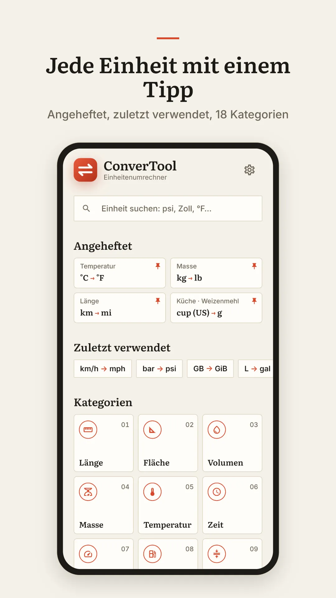 Jede Einheit mit einem Tipp. Angeheftet, zuletzt verwendet, 18 Kategorien.