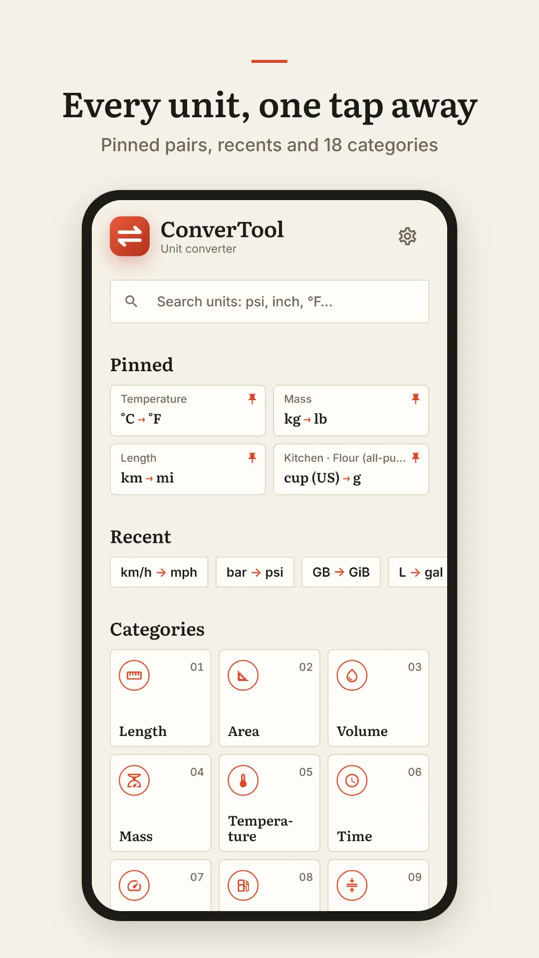 Every unit, one tap away. Pinned pairs, recents and 18 categories.