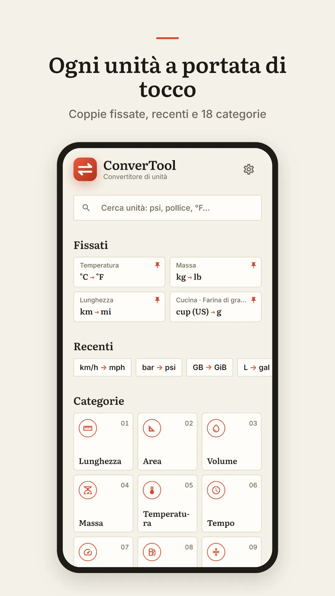 Ogni unità a portata di tocco. Coppie fissate, recenti e 18 categorie.