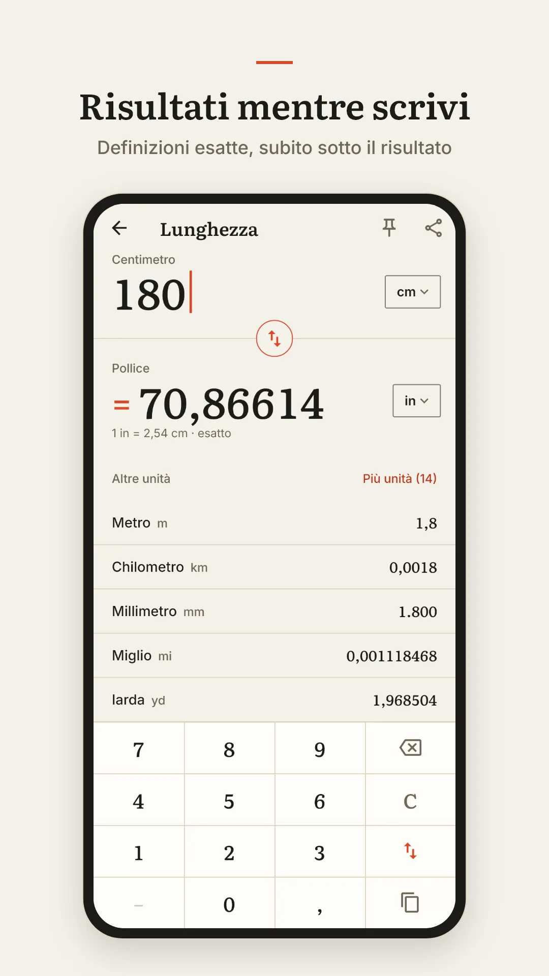 Risultati mentre scrivi. Definizioni esatte, subito sotto il risultato.