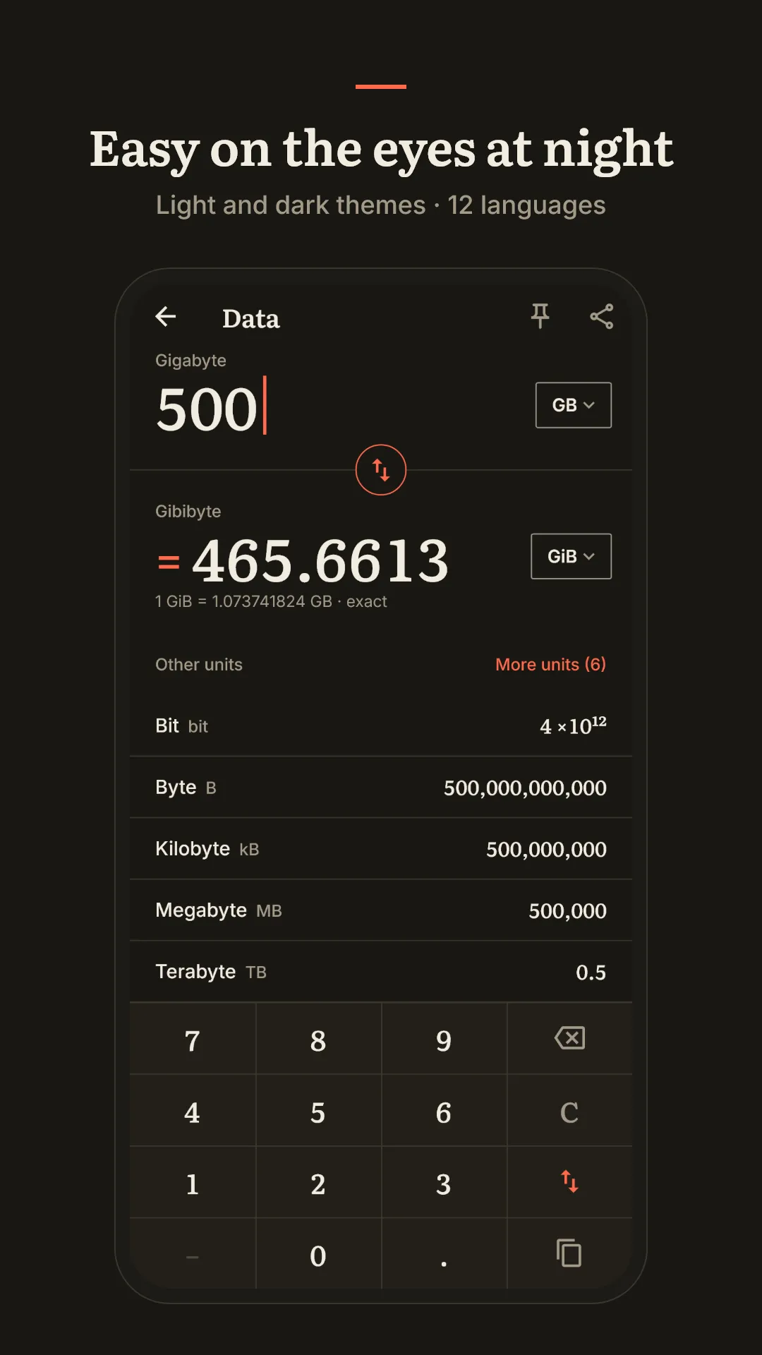 Easy on the eyes at night. Light and dark themes, 12 languages.