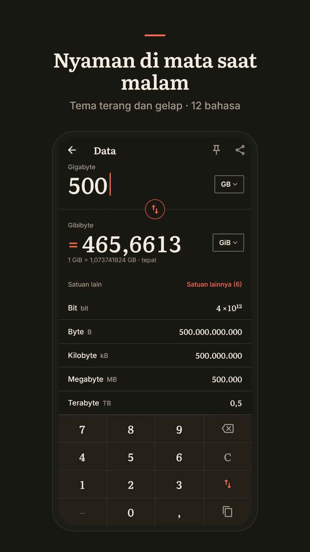 Nyaman di mata saat malam. Tema terang dan gelap, 12 bahasa.